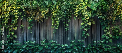 Green wall backdrop featuring a floral fence Vibrant green and foliage. with copy space image. Place for adding text or design