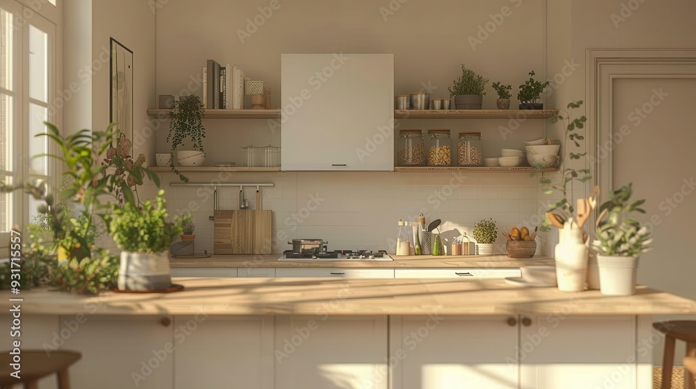 Modern Kitchen Interior with Sunlight Streaming Through Window Modern Kitchen Interior with Sunlight Streaming Through Window