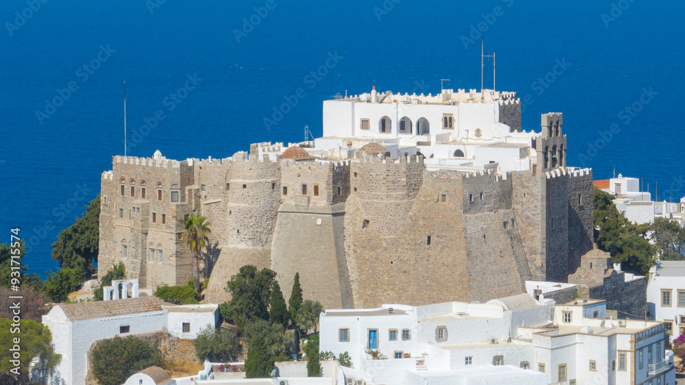 Aerial view of the Holy Monastery of Saint John the Theologian on Patmos island, Greece