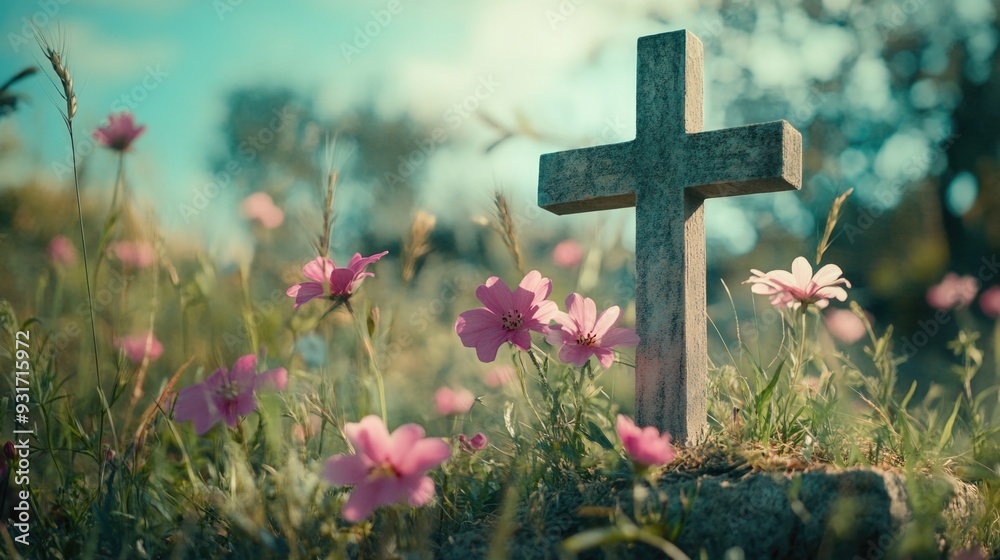 Peaceful Cross in Flower Field Peaceful Cross in Flower Field