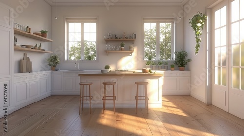 White Kitchen Interior with Sunlight Streaming Through Windows