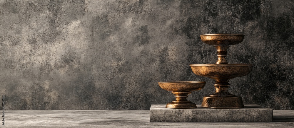 Three antique bronze weights for scales against a concrete background Copyspace for text and food photography props Three antique bronze weights for scales against a concrete background Copyspace for text and food photography props