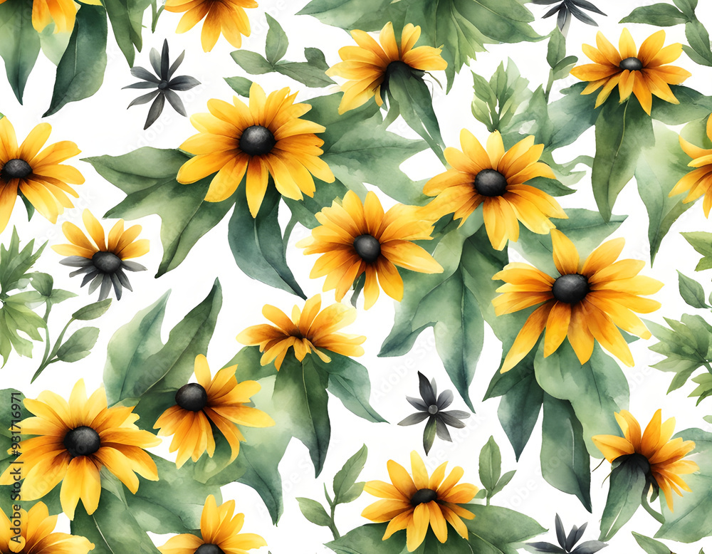seamless pattern Rudbeckia and leaves watercolor background seamless pattern Rudbeckia and leaves watercolor background