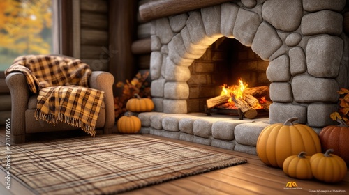 A fireplace with pumpkins and a plaid blanket on the couch, AI