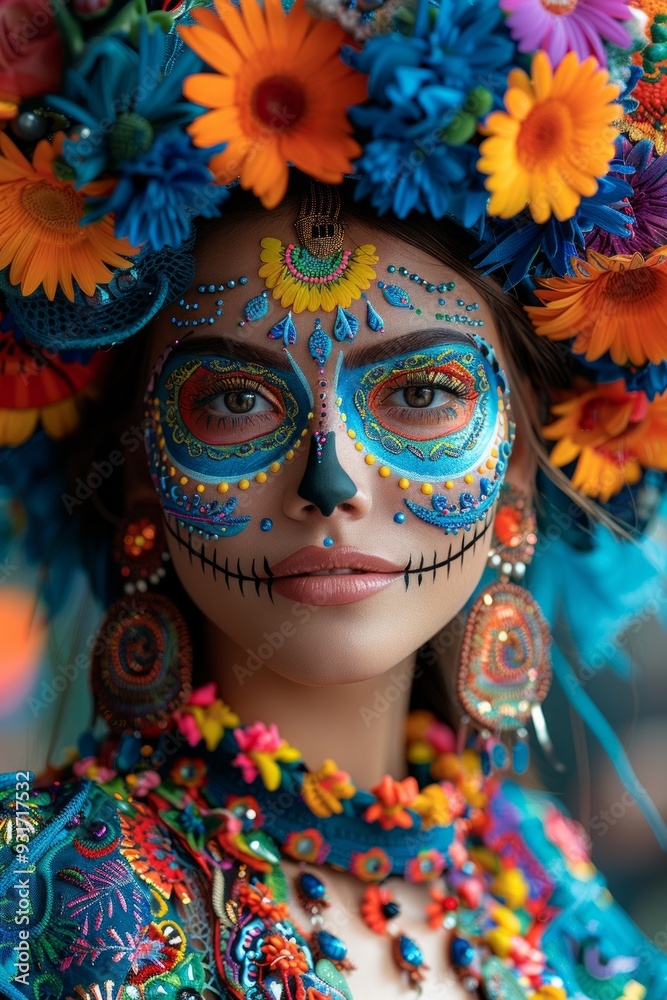 A vibrant portrait of a woman celebrating Dia de los Muertos, adorned with colorful flowers and intricate face paint. A vibrant portrait of a woman celebrating Dia de los Muertos, adorned with colorful flowers and intricate face paint.