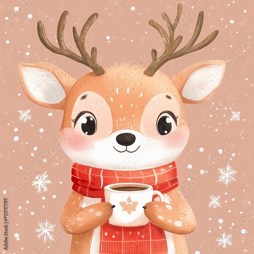 Cute winter deer with cup of coffee. Funny reindeer in scarf, mittens holding hot drink. Takeaway snacks, Christmas holiday. illustration, idea for cards