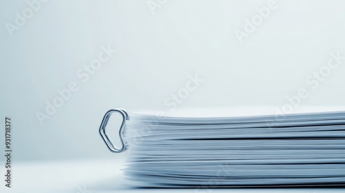 A stack of white papers held together by a binder clip on a white table.