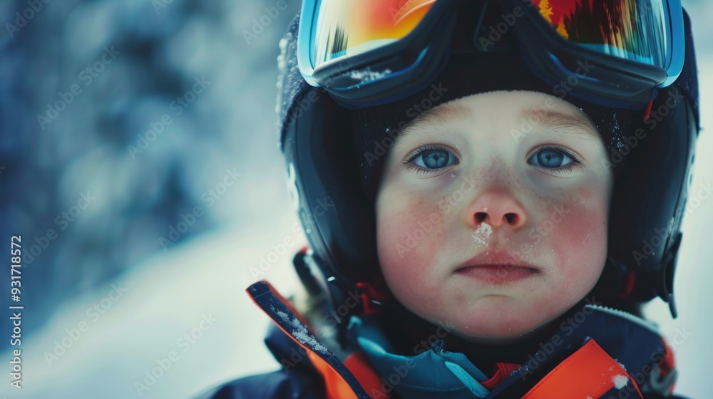 A young child ready for skiing, featuring bright blue eyes and ski gear in a snowy environment, showcasing winter sports excitement. A young child ready for skiing, featuring bright blue eyes and ski gear in a snowy environment, showcasing winter sports excitement.
