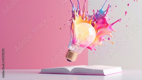 Illuminated Ideas, an open book surrounded by a glowing lightbulb and vibrant splashes, symbolizes intellectual innovation and technology-driven communication concepts. photo