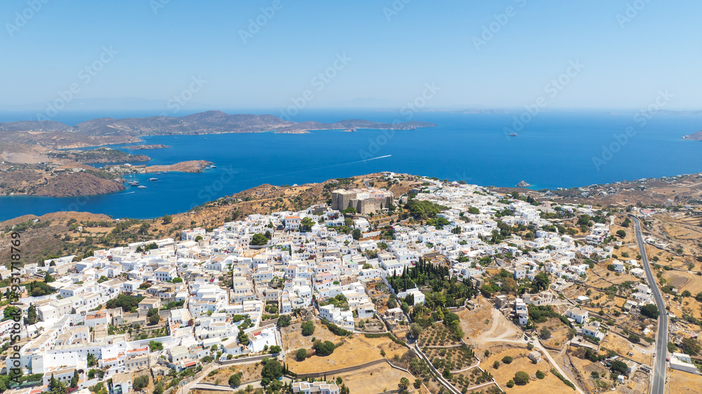 Aerial view Patmos town and the Holy Monastery of Saint John the Theologian on Patmos island, Greece Aerial view Patmos town and the Holy Monastery of Saint John the Theologian on Patmos island, Greece