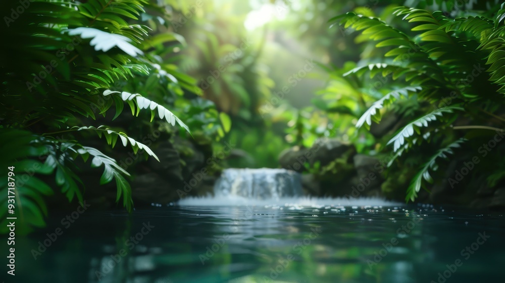 Serene Jungle Waterfall Animation, a seamless loop of a tranquil jungle river cascading down rocks, vibrant greenery surrounding, complemented by a stock market chart on a computer screen. Serene Jungle Waterfall Animation, a seamless loop of a tranquil jungle river cascading down rocks, vibrant greenery surrounding, complemented by a stock market chart on a computer screen.