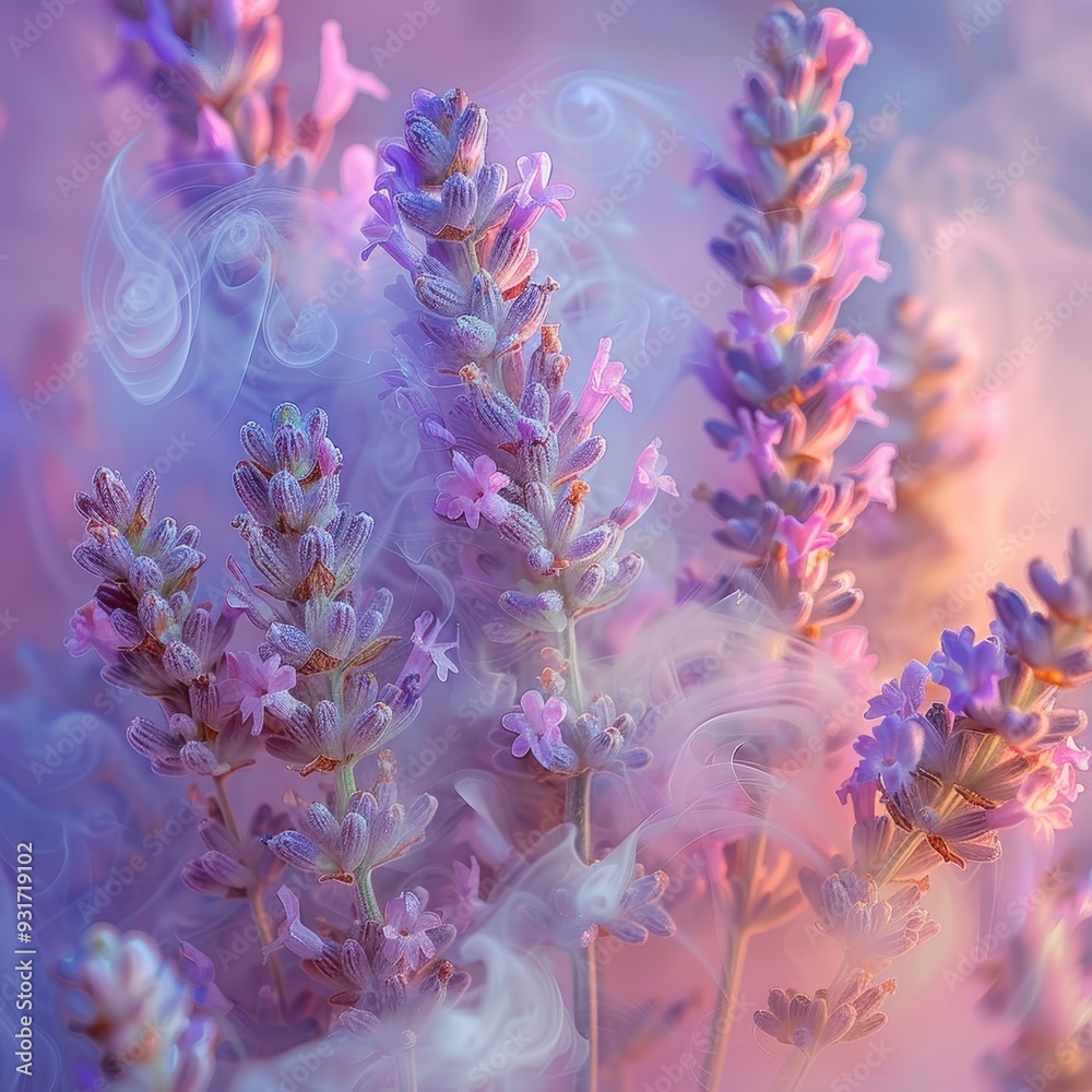 Naklejka premium Lavender Blooms and Wispy Smoke in Soft Pastel Hues