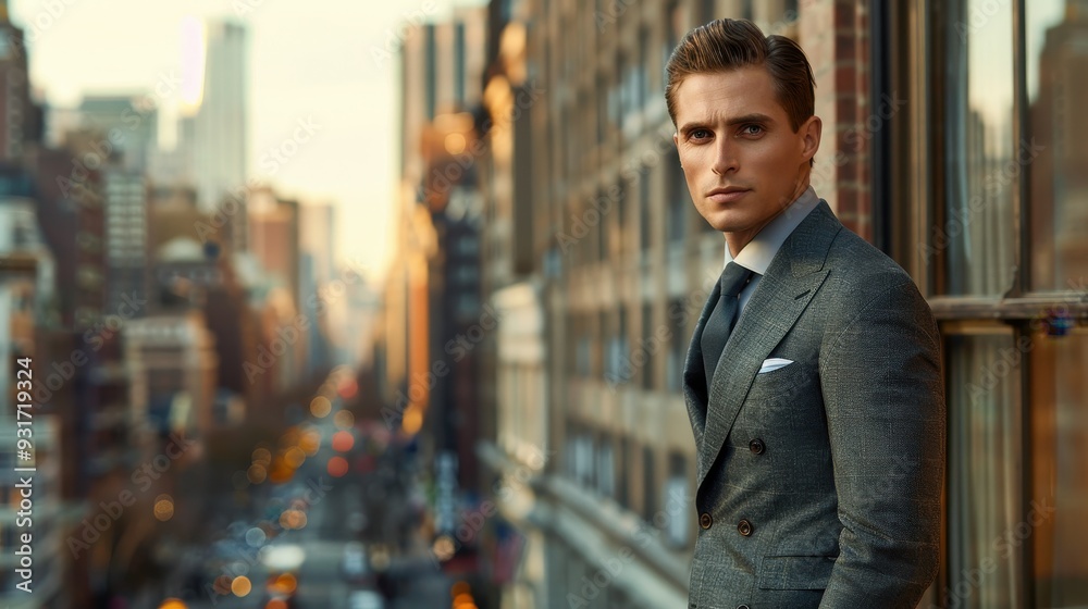 Man in Suit Looking Out a Window in a City Setting Man in Suit Looking Out a Window in a City Setting