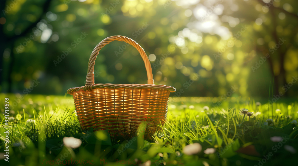 A wicker basket stands on the grass in a sunny garden, surrounded by greenery, against a background of soft, blurred light A wicker basket stands on the grass in a sunny garden, surrounded by greenery, against a background of soft, blurred light