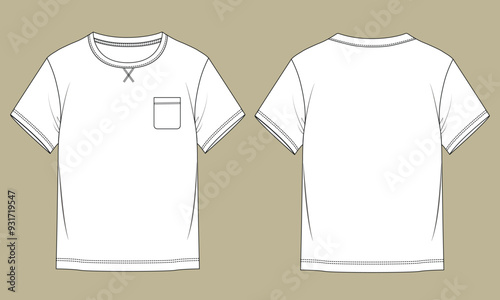  Men's Short sleeve T Shirt flat sketch fashion illustration drawing template mock up with front and back view.