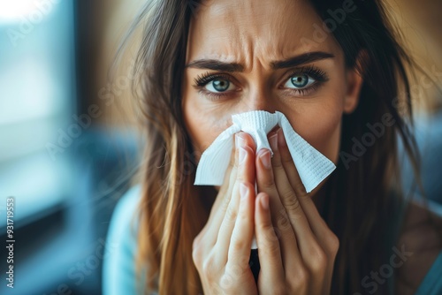 Portrait of a sick woman who has the flu blows her nose into a tissue