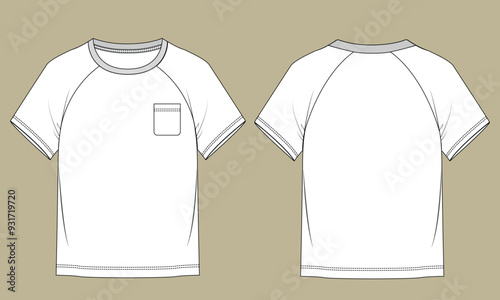 Men's Reglan Short sleeve and Rib crew neck T Shirt flat sketch fashion illustration drawing template mock up with front and back view.