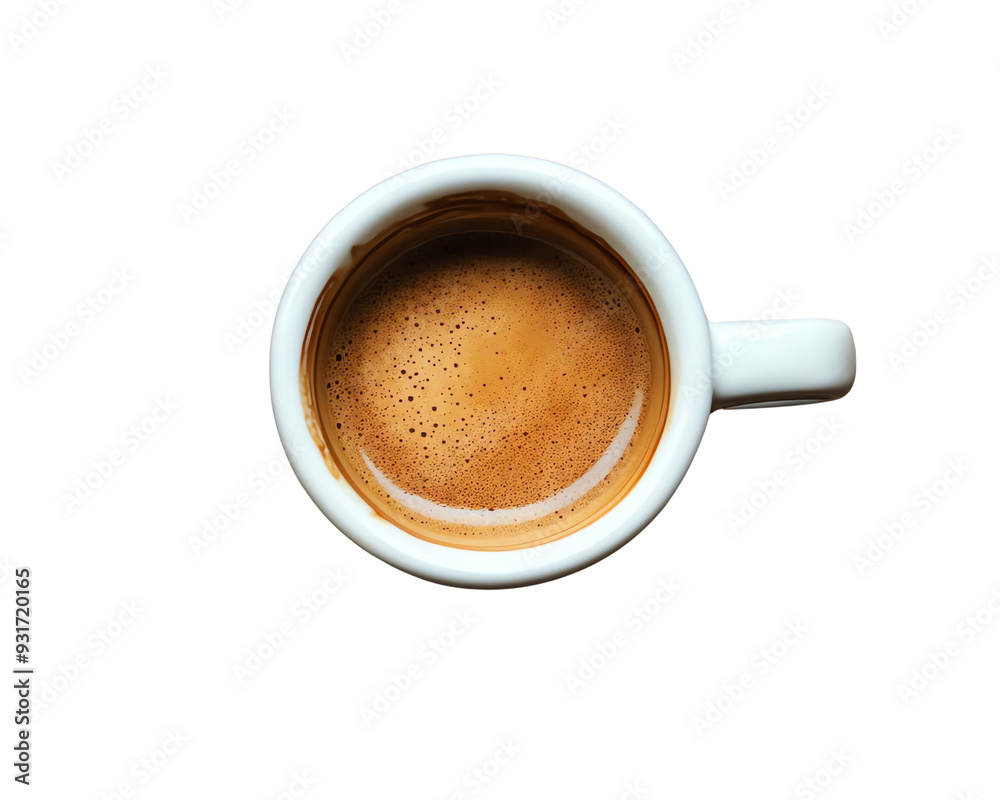 Fototapeta premium A top view of a steaming cup of espresso, showcasing its rich crema and inviting aroma, perfect for coffee lovers and enthusiasts.