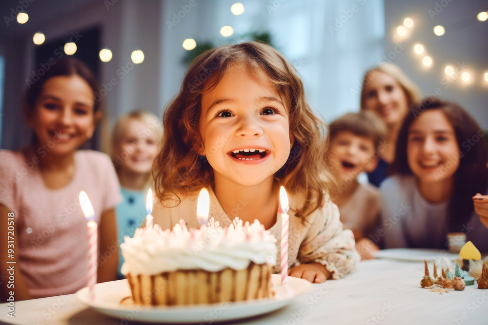 Happy contented satisfied excited laughing child with birthday cake decorated with glowing candles during celebration party Happy contented satisfied excited laughing child with birthday cake decorated with glowing candles during celebration party