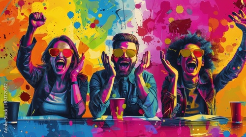 Three friends celebrate with joy and excitement against a vibrant, colorful background.