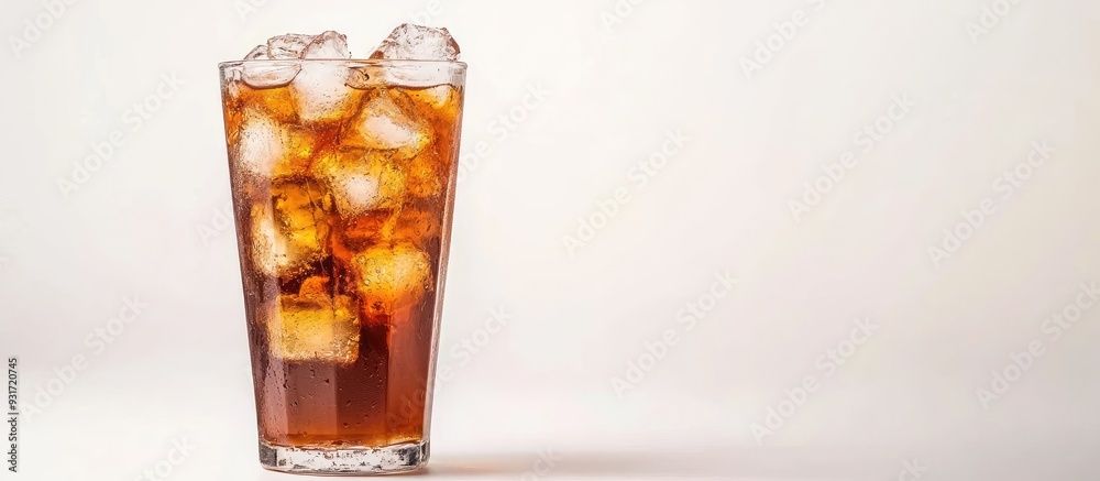 Glass of refreshing cold iced tea on a white background. with copy space image. Place for adding text or design Glass of refreshing cold iced tea on a white background. with copy space image. Place for adding text or design