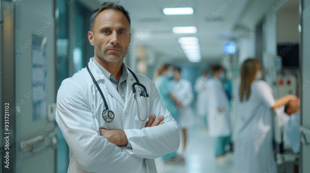 Confident Male Doctor Standing in Hospital Hallway Confident Male Doctor Standing in Hospital Hallway
