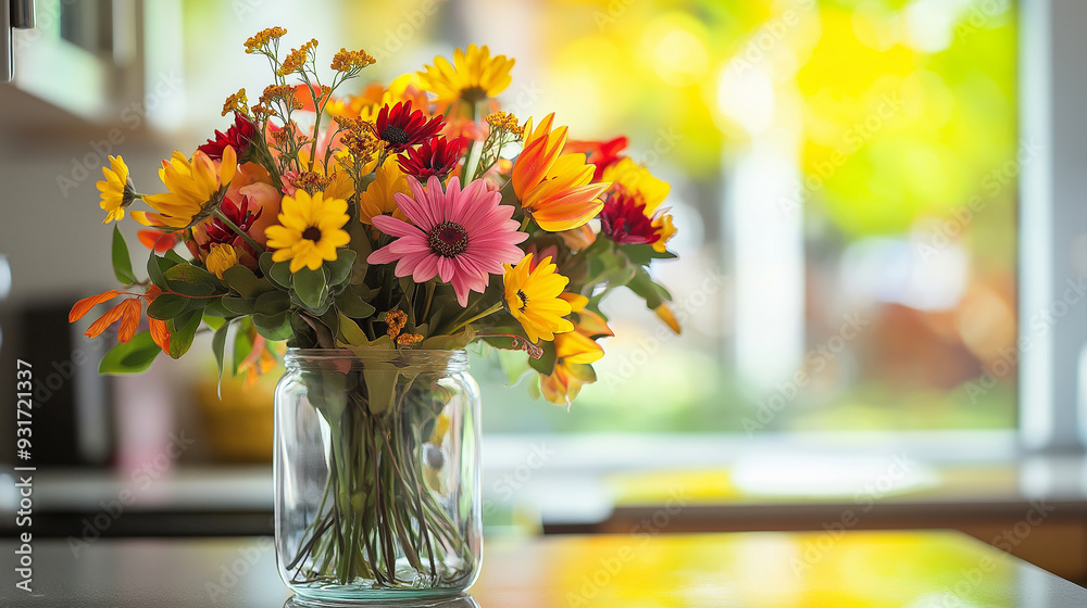 Vibrant fall centerpiece in a glass vase, filled with colorful autumn flowers and leaves Vibrant fall centerpiece in a glass vase, filled with colorful autumn flowers and leaves