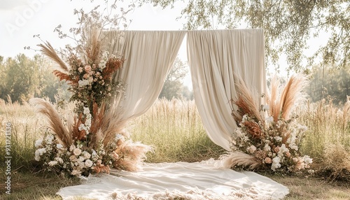 Craft a graceful boho wedding backdrop with draped neutral beige linen fabric. Abstract floral sunlight shadows should create a refined and dreamy atmosphere photo