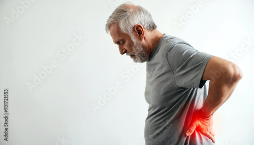 Senior man suffering from back pain touching his back with red highlight