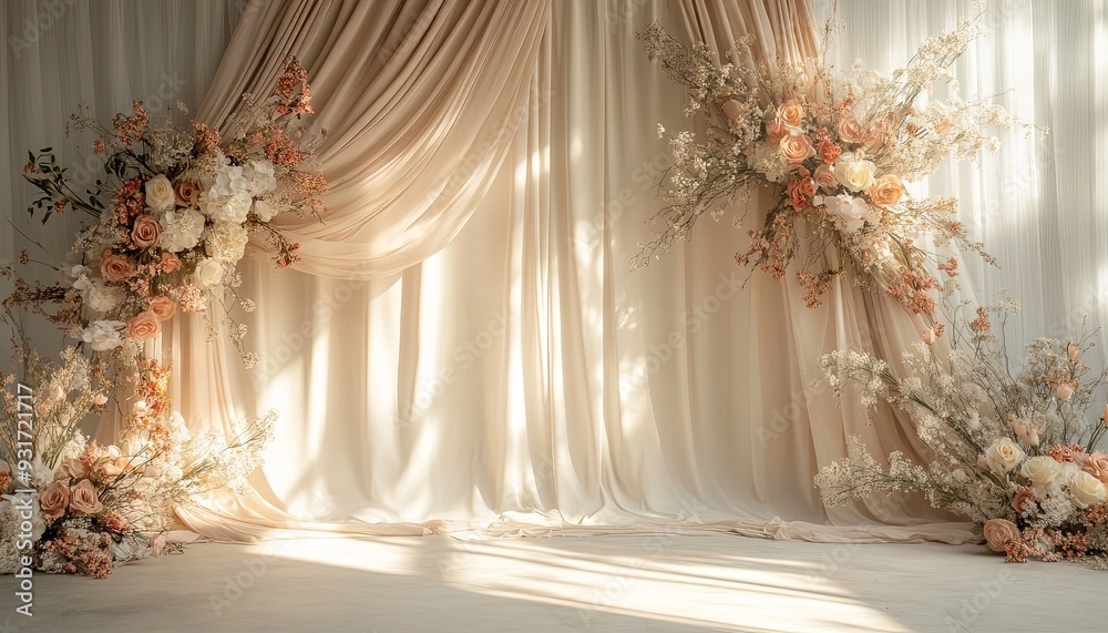 Craft a luxurious boho wedding background with softly draped neutral beige linen. Incorporate abstract floral sunlight shadows for a warm, elegant appearance Craft a luxurious boho wedding background with softly draped neutral beige linen. Incorporate abstract floral sunlight shadows for a warm, elegant appearance