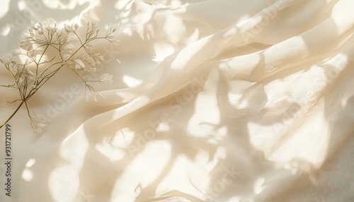 Generate a professional boho wedding textile background with smooth neutral beige linen fabric. Add subtle abstract floral shadows created by sunlight to create a sophisticated look
