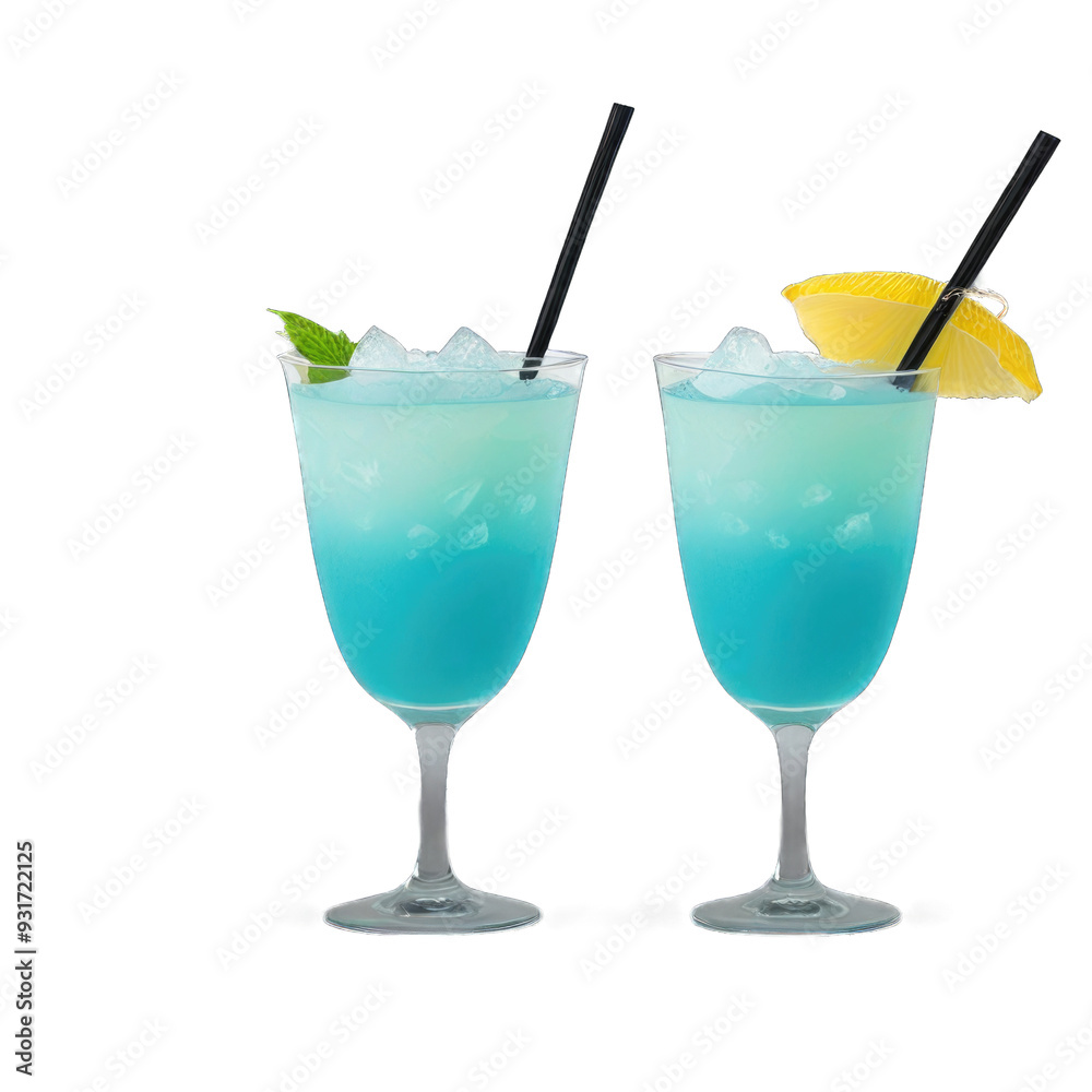 Two Blue Cocktails with Straws and Garnish isolated on transparent background Two Blue Cocktails with Straws and Garnish isolated on transparent background