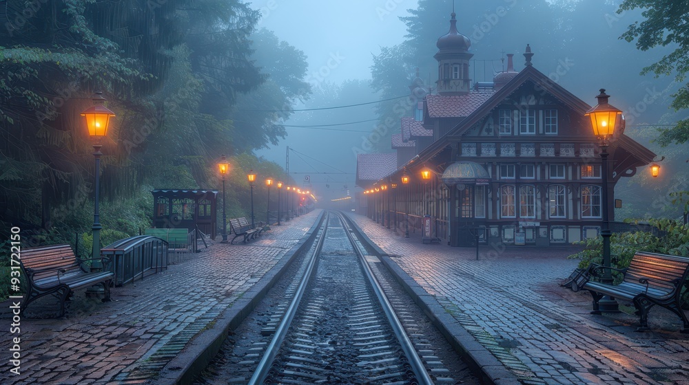 Fototapeta premium Foggy Train Station with Cobblestone Path and Lanterns