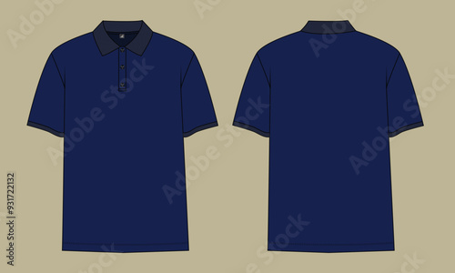 Drawing of a colour block short sleeve polo shirt isolated on a background. Sketch of a classic polo shirt with collar and button closure. Front and Back view.