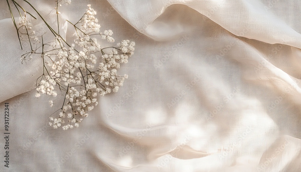 Craft an elegant boho wedding textile background with neutral beige linen fabric. Incorporate abstract floral sunlight shadows for a stylish, professional finish