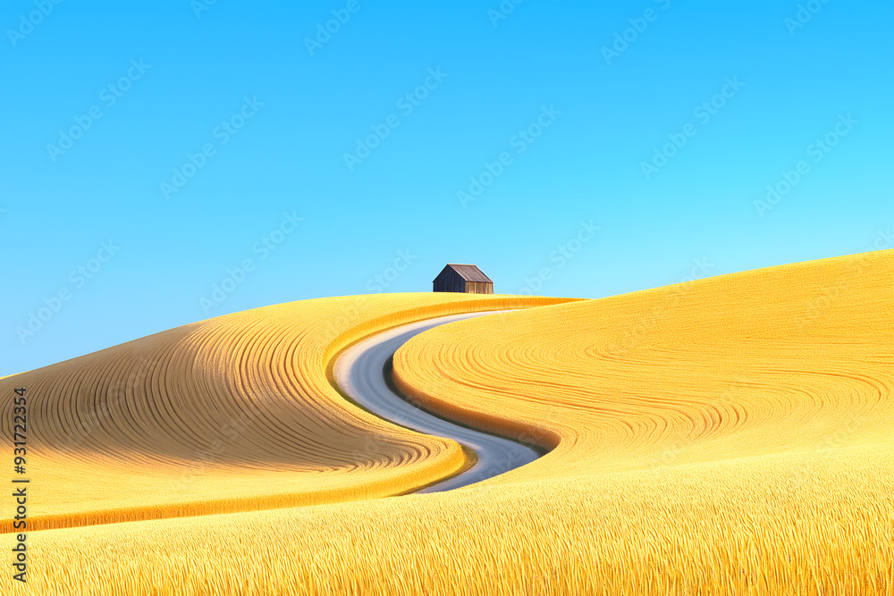Naklejka premium Golden Wheat Fields Ready for Harvesting Under a Clear Blue Sky, Rolling Hills, Distant Barn, and Gently Curving Path, 8K High Resolution, Realistic Image, Professional Photography