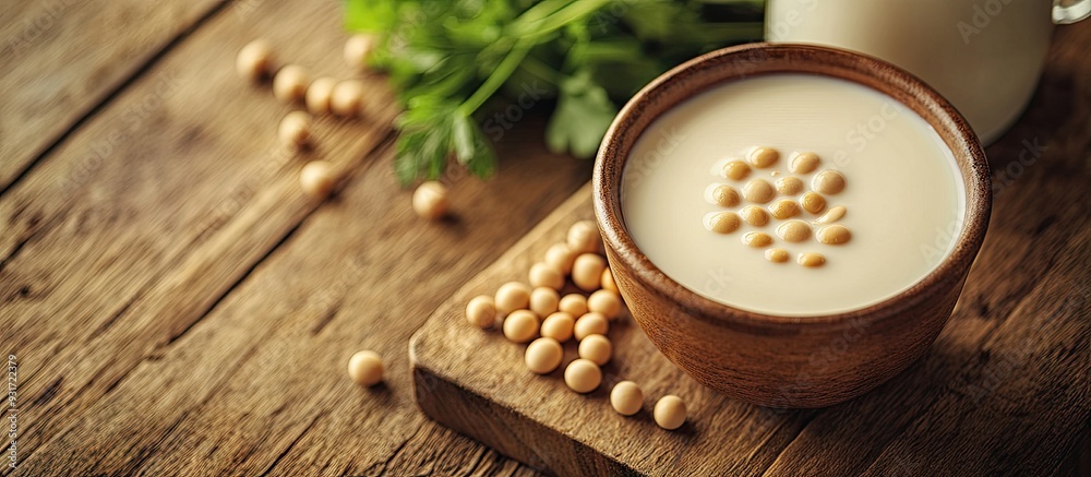 Soybean with milk on a wooden table backdrop. with copy space image. Place for adding text or design Soybean with milk on a wooden table backdrop. with copy space image. Place for adding text or design