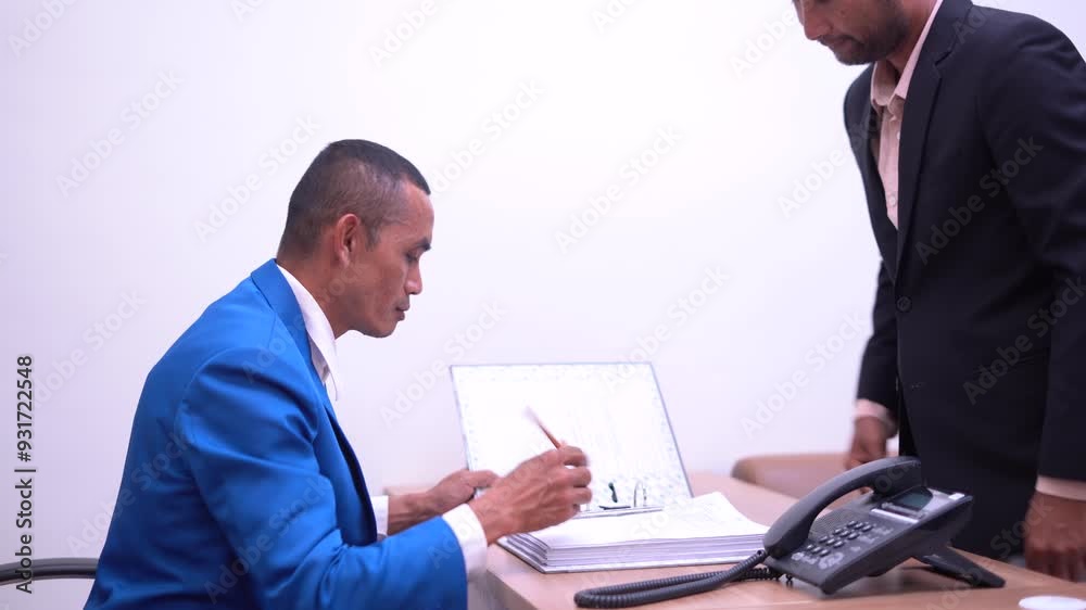 A businessman in a blue suit casually reviewing documents with feet up on the desk, representing a relaxed and confident approach to work in a professional office setting. A businessman in a blue suit casually reviewing documents with feet up on the desk, representing a relaxed and confident approach to work in a professional office setting.