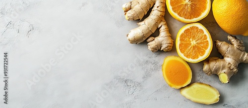 Lemon turmeric root and ginger Ingredients for homemade antiviral medicine on a light gray background with copyspace photo