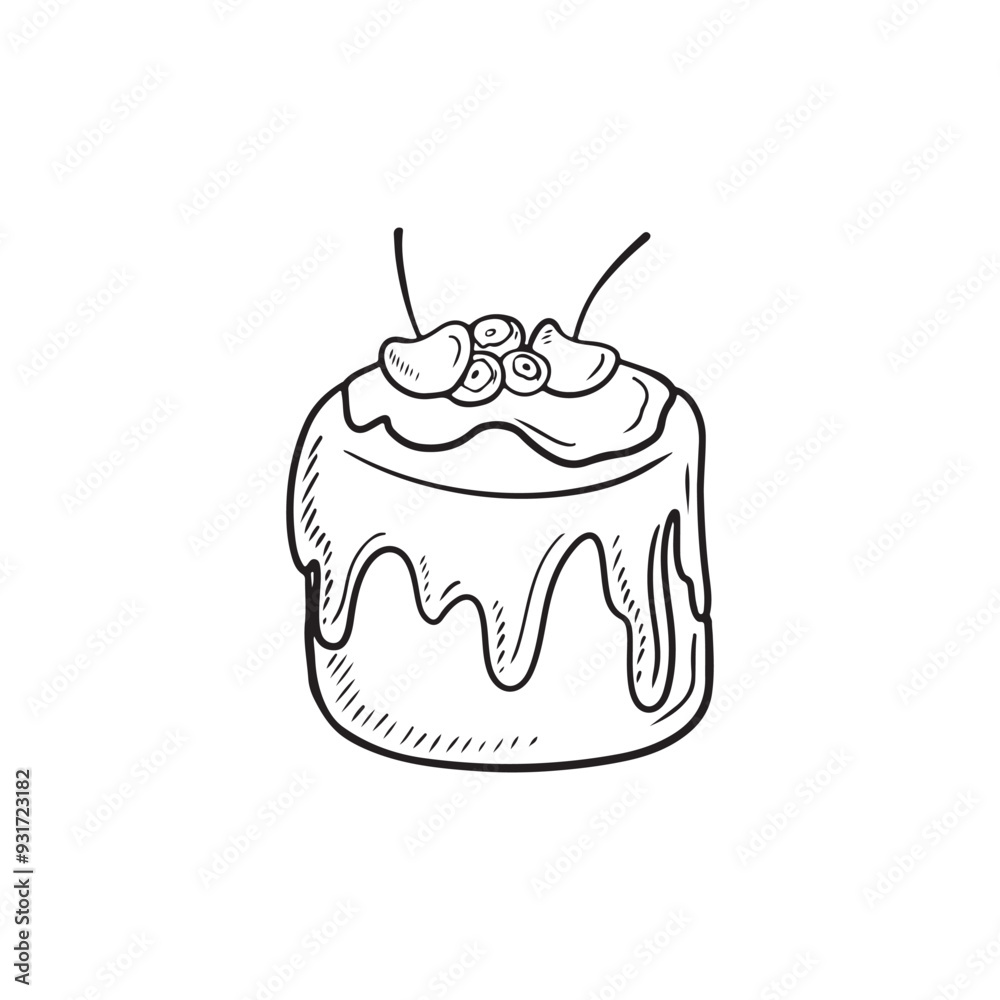 Beautiful bento-cake with fruits orange, blueberry with chocolate balls and glaze in black isolated on white background. Hand drawn vector sketch illustration in doodle vintage engraved style Beautiful bento-cake with fruits orange, blueberry with chocolate balls and glaze in black isolated on white background. Hand drawn vector sketch illustration in doodle vintage engraved style