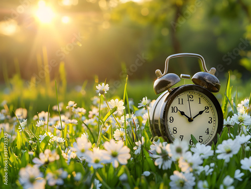 A vintage alarm clock placed among blooming white flowers in a sunlit meadow. The background features a warm, golden sunlight filtering through trees, creating a serene and tranquil atmosphere.