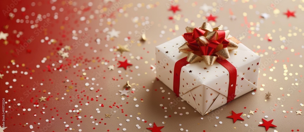 Gift box wrapped in craft paper featuring a white red New Year s ribbon and gold confetti stars on a beige background copy space Christmas wedding Gift box wrapped in craft paper featuring a white red New Year s ribbon and gold confetti stars on a beige background copy space Christmas wedding