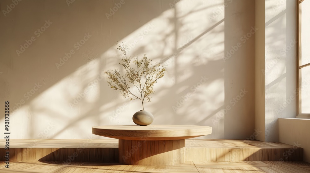 Minimalist Interior Design with a Wooden Platform and a Vase of Dried Flowers Minimalist Interior Design with a Wooden Platform and a Vase of Dried Flowers