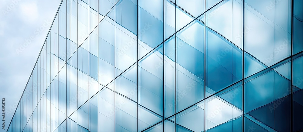 Fototapeta premium Abstract close up of the glass covered exterior of a contemporary building featuring reflective plate glass Architectural abstract backdrop Detail of glass walls and facade. with copy space image