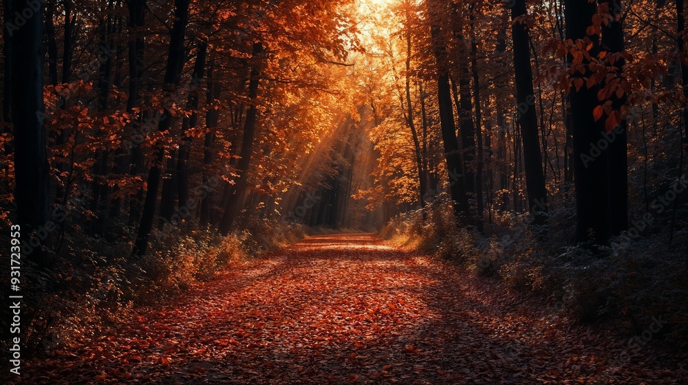 Fototapeta premium A serene autumn forest pathway illuminated by sunbeams filtering through the trees, creating a warm and peaceful atmosphere. 