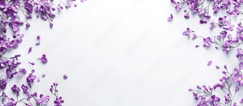 A frame of fresh purple flowers on a white background Festive banner with copyspace Blurry and selectively focused A frame of fresh purple flowers on a white background Festive banner with copyspace Blurry and selectively focused