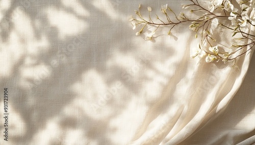 Generate a stylish boho wedding background with smooth neutral beige linen. Incorporate abstract floral sunlight shadows to create a chic and professional appearance