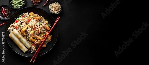 Chinese food on a black bac...
