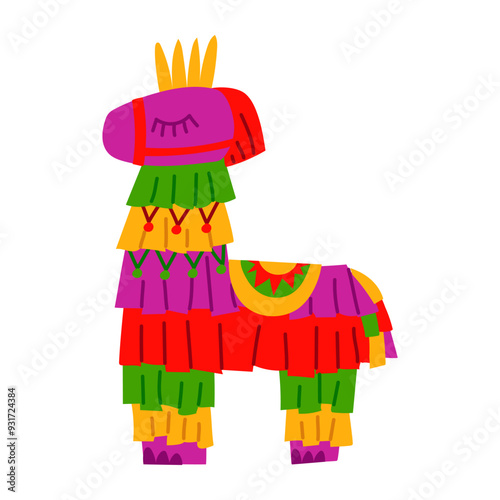 Pinata is like a llama isolated on a white background. Vector flat illustration of colorful llama-shaped paper accessories for a traditional Mexican party. A children's game with sweets.