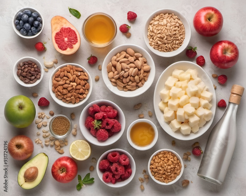 Selection of healthy food. Superfoods, various fruits and assorted berries, nuts and seeds.